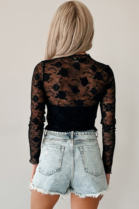 Sheer Floral Lace Mesh Mock Neck Elegant Long Sleeve Fitted Top